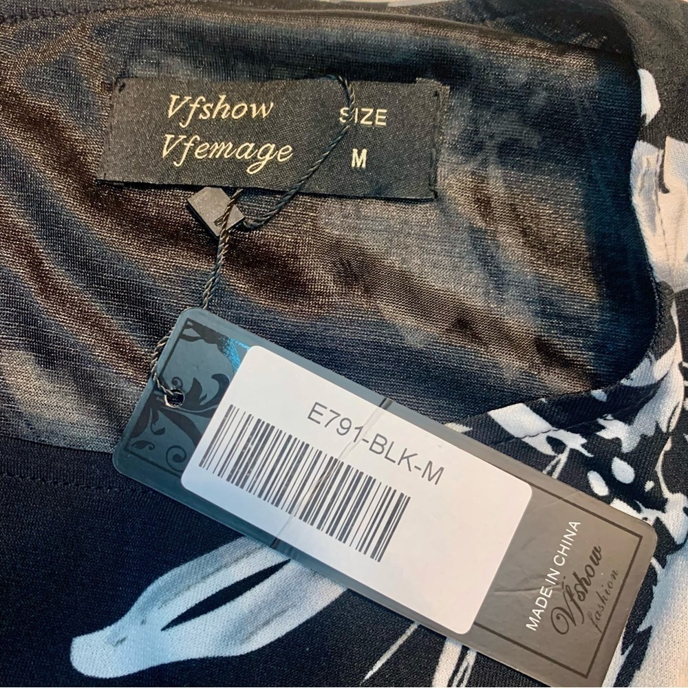NWT VfEmage Dress Med Black White Floral Short Sleeve Black Bow at Waist Midi - Picture 11 of 16